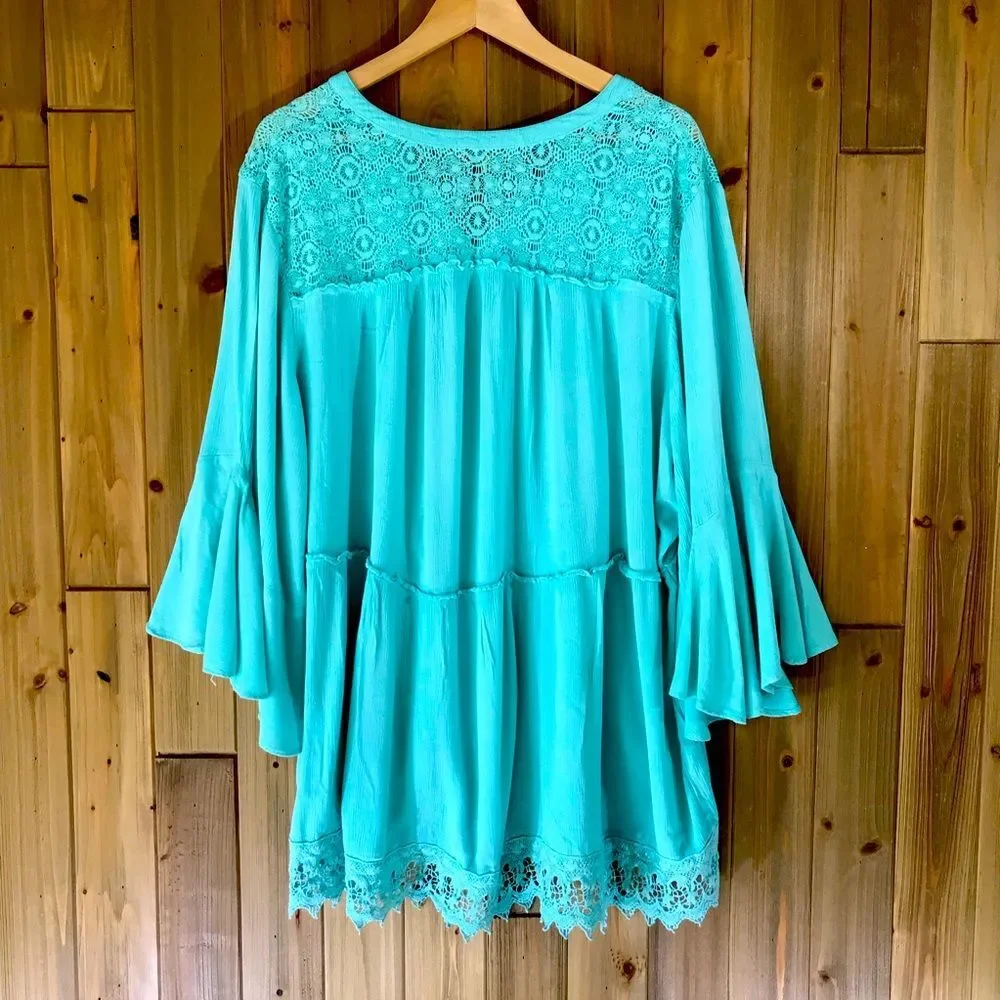 Democracy Womens Tunic Blouse Teal Top Lace 3/4 Sleeve Size 3X - Picture 3 of 16